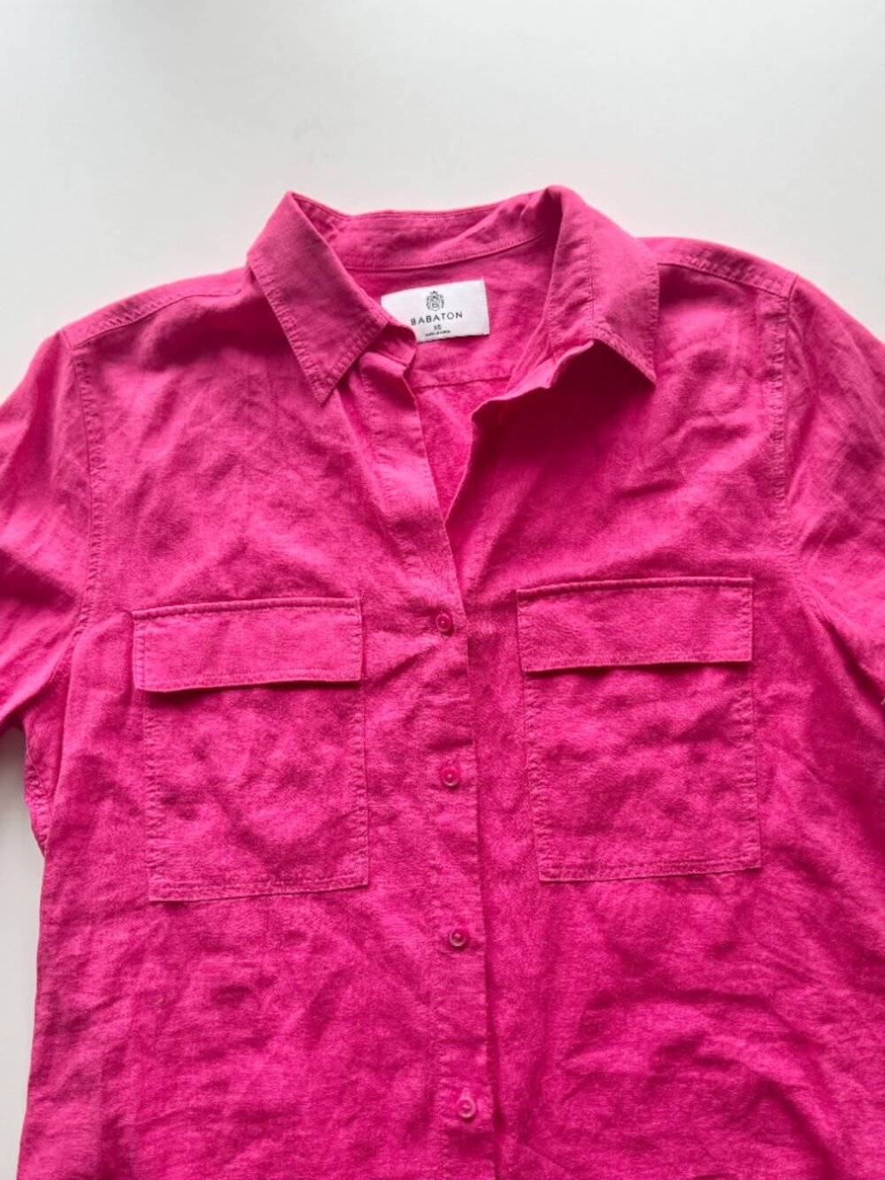 Aritzia BABATON Utility Pink Linen Short Sleeve Button Up Shirt Blouse, Size XS - Picture 6 of 16